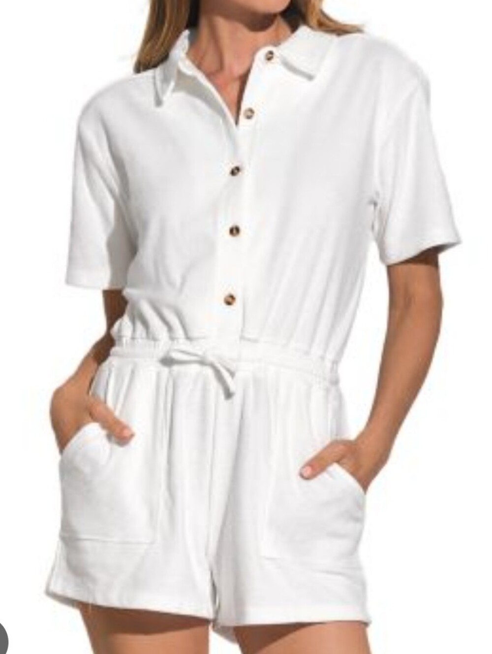 Everly White Short Sleeve Button Romper